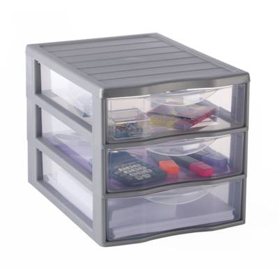 Mini Tour de Rangement 3 Tiroirs Moyen Modèle PP Argent 36,5 x 26 x H25,5 cm