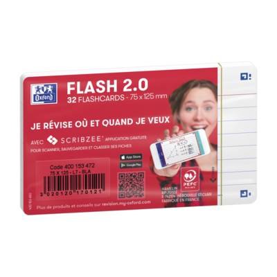 Paquet de 32 Fiches Bristol flashcards 2.0 Non Perforées 75x125 mm A7 ligné blanc