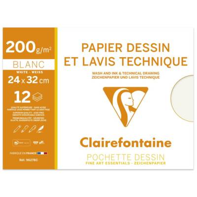 Pochette papier dessin & lavis technique 24x32 12F 200g - CLAIREFONTAINE