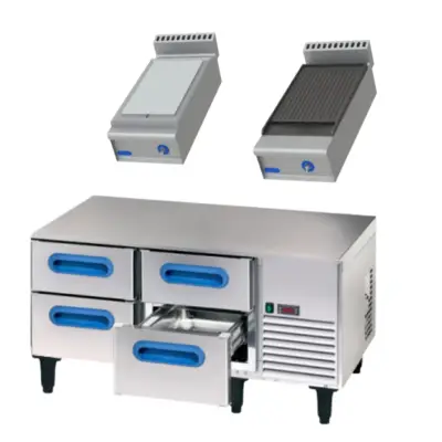 Plancha et grill sur meuble 4 tiroirs GN1/1 positif - ROSIPLSN20E+GR20EJPONT - Rosinox