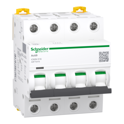 Acti9 iC60N - Disjoncteur - 4P - 16A - Courbe D - 400Vca - 6000A/10kA - SCHNEIDER ELECTRIC - A9F75416