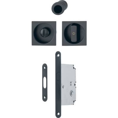 Set pour porte coulissante tire-doigt + poignée cuvette carrée finition noir mat avec verrou de condamnation - Gedimat - HOPPE