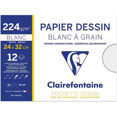 Pochette 12 Feuilles Dessin à grain 24x32 224g Blanc - CLAIREFONTAINE