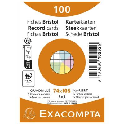 Paquet de 100 fiches Bristol quadrillé 5x5 non perforé 74x105mm - Couleurs assorties