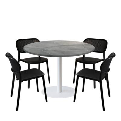 Lot table Ø120cm & 4 chaises - pied blanc plateau lune bleue - intérieur - RestooTab