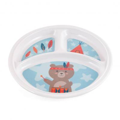 Assiette ronde en mélamine à 3 compartiments décorée ou couleur