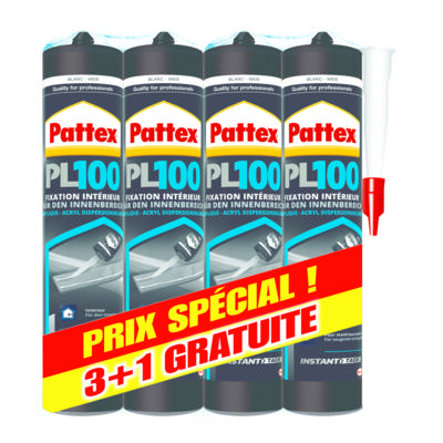 Colle fixation acrylique multi usages PL100 - lot de 4 cartouches de 380g - Gedimat - PATTEX