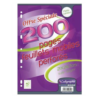 Paquet 100 Feuillets Mobile 21x29,7 cm 200 pages Perforées Petits Carreaux 90g