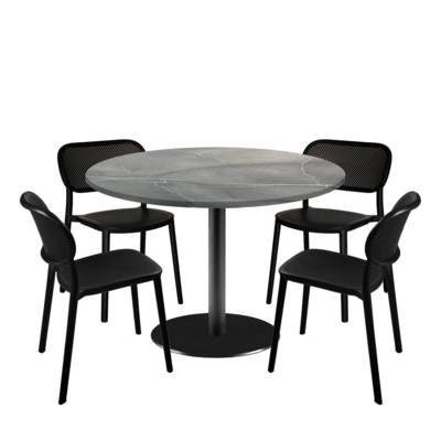 Lot table Ø120cm & 4 chaises - pied noir plateau marbré lune bleue - intérieur - RestooTab