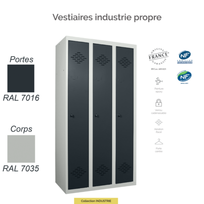 Vestiaire Industrie Propre 3 Cases | Sécurisé & Conforme aux Normes NF
