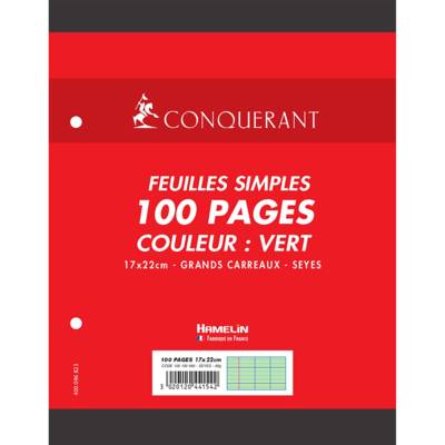 Feuilles Simples 17x22cm Grands carreaux 100 Pages Vertes - CONQUÉRANT