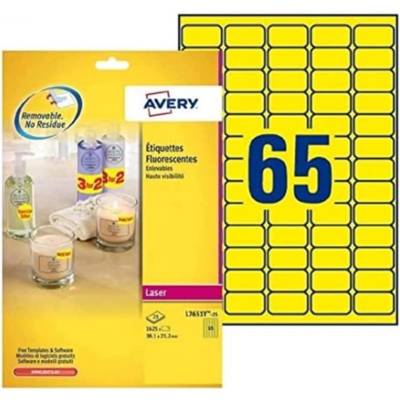 Pochette 1625 étiquettes Laser Adhésives Jaunes fluo Enlevables. 38,1x21,2mm