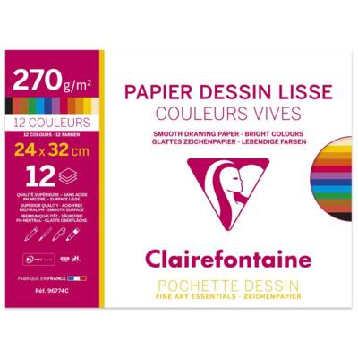 Pochette 12 Feuilles Dessin couleurs lisses 24x32 12F 270g Assorti Couleur vive - CLAIREFONTAINE