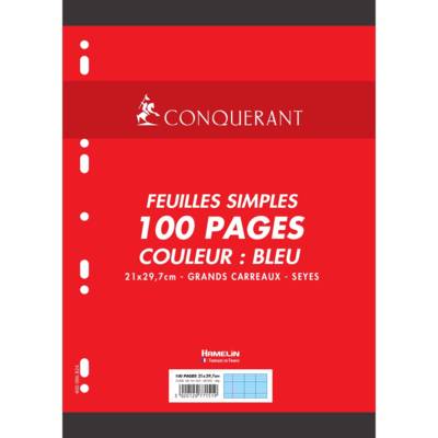 Feuillets mobiles 21x29,7 cm 100 pages grands carreaux bleus 80g - CONQUÉRANT