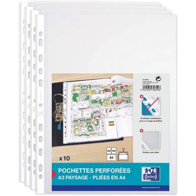 Sachet de 10 pochettes perforées format A3 italienne pliée PP 0,09mm Grainée