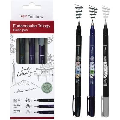 Set Fudenosuke Trilogy 3 Feutres de calligraphie Noir Souple et dur Gris dur