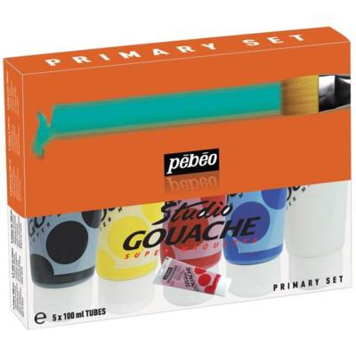 Pack 5 peintures couleurs primaires Gouache Studio 5 Tubes 100 Ml (Noir d'Ivoire, Blanc Permanent, Jaune Primaire, Cyan, Magenta) - PÉBÉO