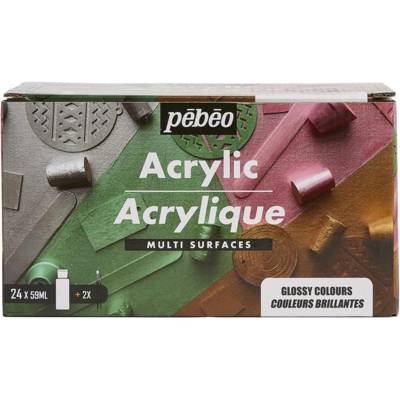 Set 24 flacons acrylique multisurfaces 59ml brillant couleurs assorties + accessoires - PÉBÉO