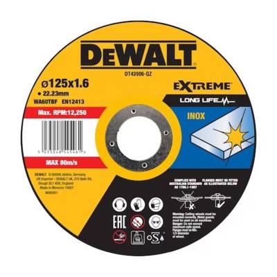 Disque à tronçonner l'inox 125 x 22.2 mm épais.1,6 mm Moyeu plat - DEWALT - DT43906-QZ - Maxoutil
