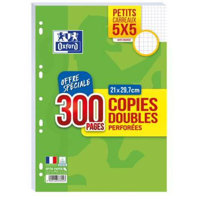 Copies Doubles perforées 300 pages  A4  90g Quadrillé 5 x 5 avec Marge