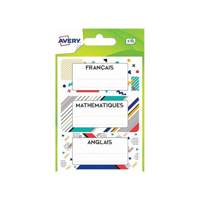 Sachet de 15 étiquettes matières scolaires design graphique Format 76 x 34 mm