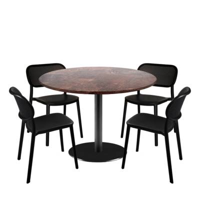 Lot table Ø120cm & 4 chaises - pied noir plateau rouille roc - intérieur - RestooTab