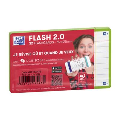 Paquet de 32 Fiches Bristol flashcards 2.0 Non Perforées 75x125 mm A7 ligné vert