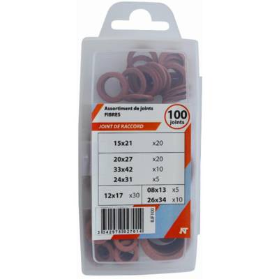 Coffret brochable de 100 joints fibre pour raccord : 5x1/4 + 30x3/8 + 20x(1/2' NOYON & THIEBAULT - 3/4' (20x27)) + 10x(1' - 1'1/4) + 5x24 - BJF100