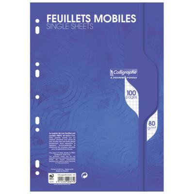 Paquet de 50 Feuillets mobiles (100 pages) A4 21x29,7 Q.5x5 80g