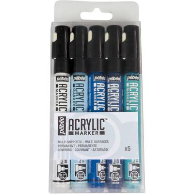 Set 5 Marqueurs acrylique Pointe ronde 1,2mm Blanc/Bleu clair/Cyan/Bleu Caraïbes/Bleu nuit