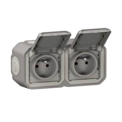 Double prise de courant horizontale avec volet PLEXO gris - Gedimat - LEGRAND
