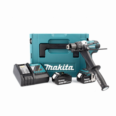 Perceuse visseuse à percussion Ø13mm - MAKITA - avec 2 batteries 18V 5.0 Ah - chargeur - MakPac- DHP458RTJ - Maxoutil