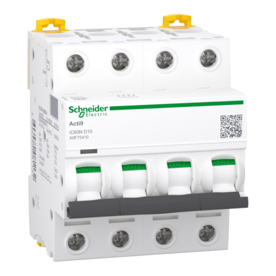 Acti9 iC60N - Disjoncteur - 4P - 10A - Courbe D - 400Vca - 6000A/10kA - SCHNEIDER ELECTRIC - A9F75410