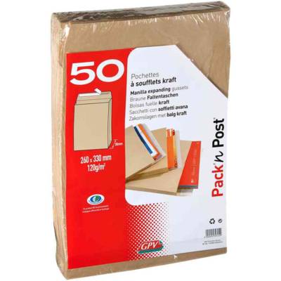 Boite de 50 sacs à soufflets kraft brun 26 280x375 120 g/m²  bande de protection