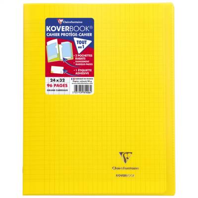 Cahier piqué Koverbook 24x32cm 96 pages grands carreaux PP transparent - Jaune - CLAIREFONTAINE