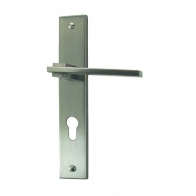 Ensemble de poignées de porte MANHATTAN sur plaques finition nickelé satiné Zamak avec trou de cylindre de sûreté - Gedimat - DT 2000