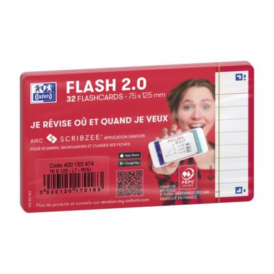 Paquet de 32 Fiches Bristol flashcards 2.0 Non Perforées 75x125 mm A7 ligné rouge