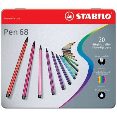 Boîte métal Lot de 20 Feutre de Dessin PEN 68 Pointe Moyenne 1 mm - STABILO