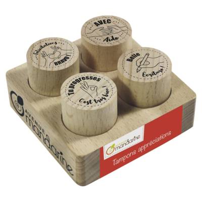 Lot de 4 tampons appréciations (Félicitations, Avec aide, Tu progresses et Belle écriture