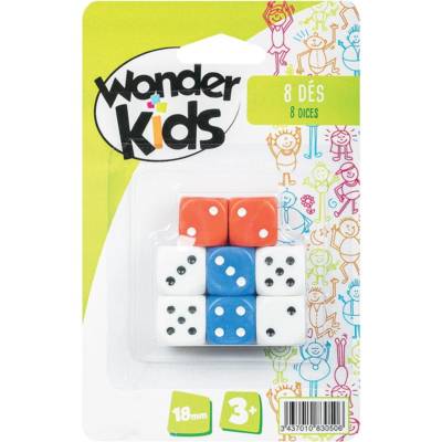 Lot de 8 dès de 18mm : 2 rouges + 2 bleus + 4 blancs