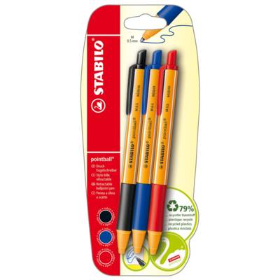 3 stylos bille pointball noir + bleu + rouge - STABILO
