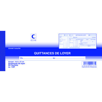 Carnet à souche QUITTANCES DE LOYER 105 x 270 mm 50 Feuillets - ELVE