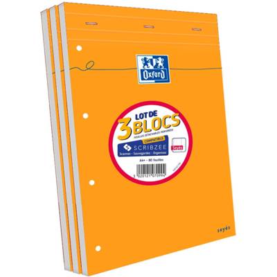 Lot de 3 Bloc-Notes Agrafés Format A4+ 160 Pages Grands Carreaux Perforées