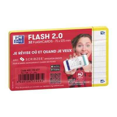 Paquet de 32 Fiches Bristol flashcards 2.0 Non Perforées 75x125 mm A7 ligné jaune
