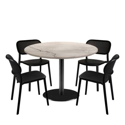 Lot table Ø120cm & 4 chaises - pied noir plateau marbré lune blanche - intérieur - RestooTab