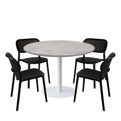 Lot table Ø120cm & 4 chaises - pied blanc plateau béton naturel - intérieur - RestooTab
