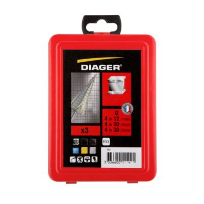 Foret étagé HSS standard goujure droite - D4 à 12/4 à 20/4 à 30mm - coffret de 3 pièces - Gedimat - DIAGER