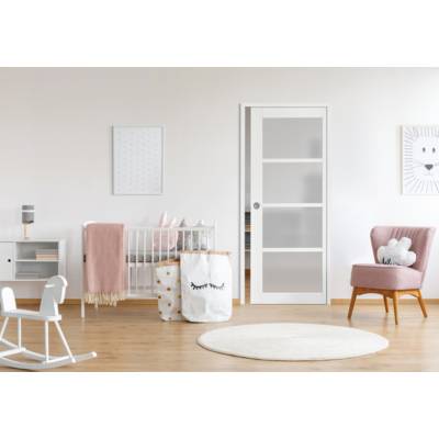 Porte seule coulissante JAZZ bois exotique pré-peint blanc avec vitrage dépoli - 204x73cm - avec usinage pour châssis à galandage rainure et tire-doigt - Gedimat - MENUISERIES D'OLT