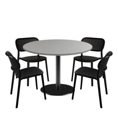 Lot table Ø120cm & 4 chaises - pied noir plateau gris metallisé - intérieur - RestooTab