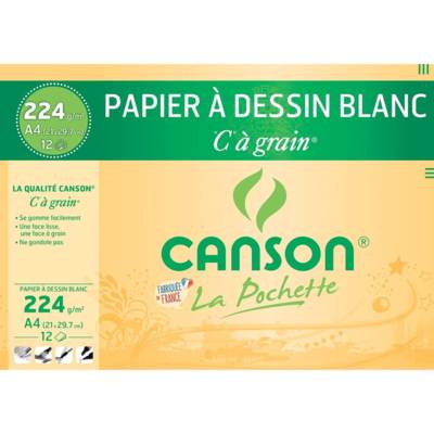 Pochette de 12 Feuilles Papier Dessin "C" à Grain A4 224g Blanc - CANSON